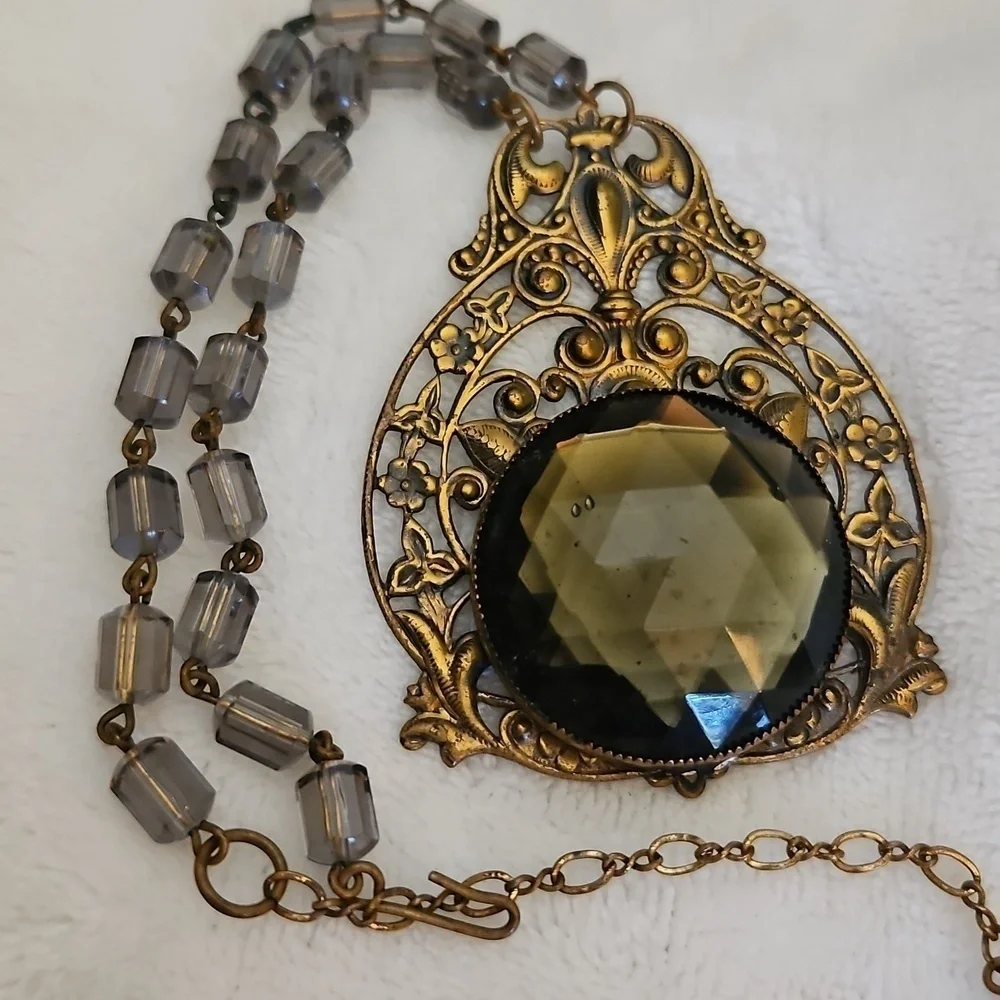 Antique Floral Repousse Czech Crystal Pendant Beaded Choker Necklace